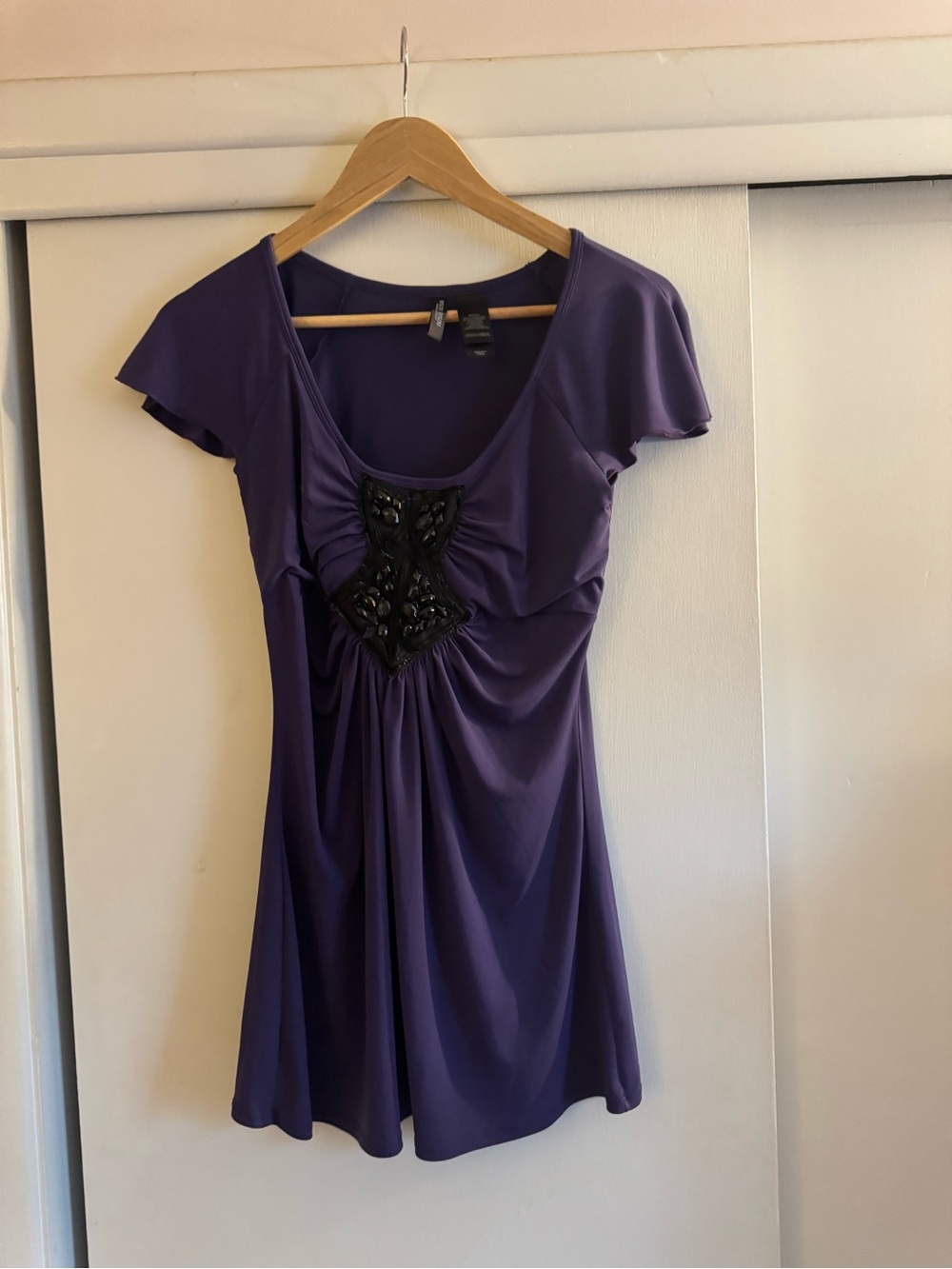 Bisou Bisou Purple Scoop Neck Mini Dress with Black Beaded Accent